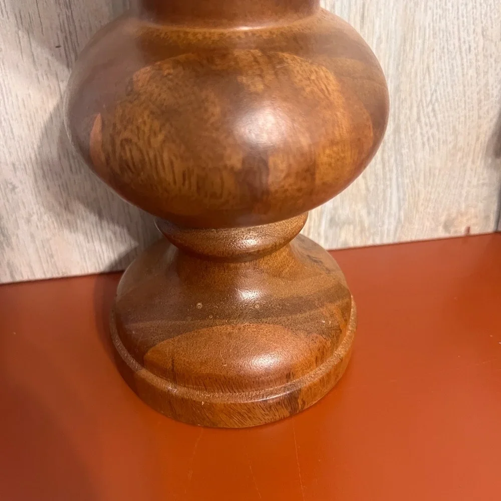Vintage Turned Wood Pillar Candle Holder Brown Farmhouse Rustic Home Decor 7.5in